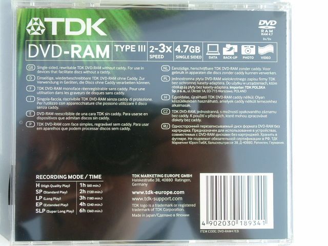 Image of TDK DVD-RAM 1 side Normal JC (IT6364)
