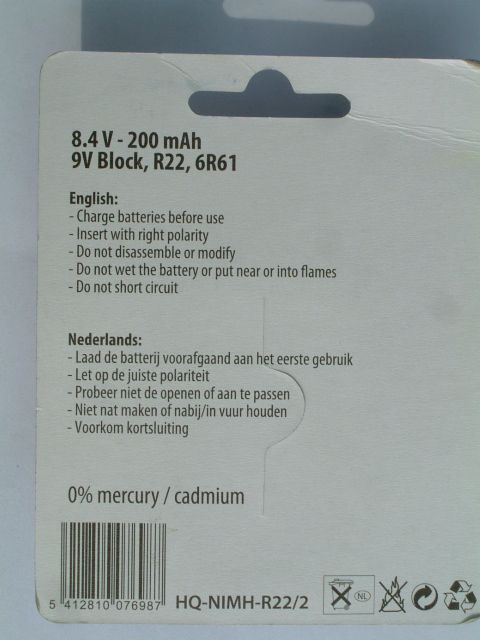Image of HQ akku 1x200 mAh -9volt RC22- (IT1923)
