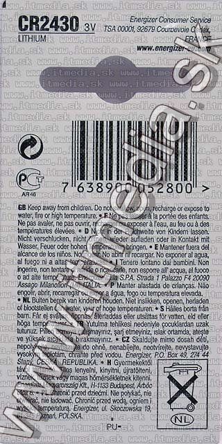 Image of Energizer hosszu elettartamu Lithium CR2430 tipusu gombelem (IT2041)
