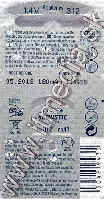 Image of Rayovac button battery 312 (6-set) ACOUSTIC special (IT0618)