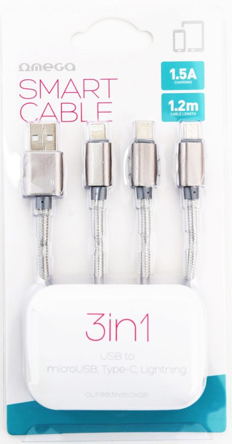 Image of USB Kombinált kábel iPhone + microUSB + USB-C 1.2m 1.5A Ezüst (IT14387)