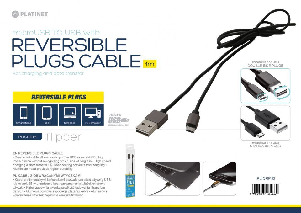 Image of Omega univerzális végű microUSB-USB kábel 1m 2.4A info! (IT14388)