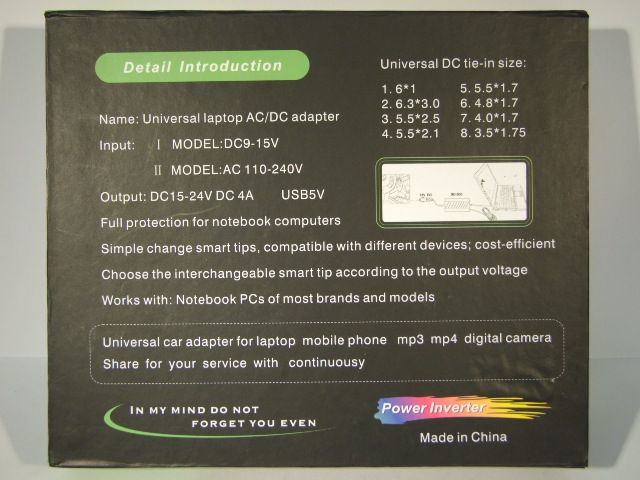 Image of NANDAO Universal Laptop CAR Charger 12-230V 100Watt !NOGAR! (IT1018)