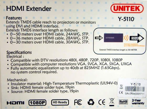 Image of Unitek HDMI *Active* Cable Extender (repeater) (IT4169)