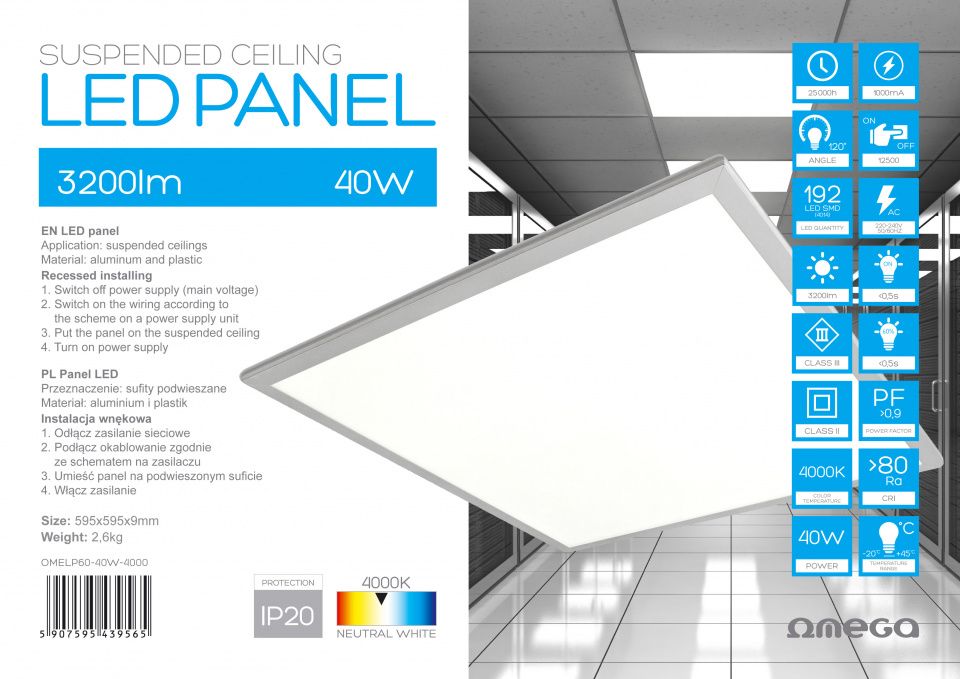 Image of Omega Ceiling Led Panel 230V 40W Natural white 60x60cm [43956] INFO! (IT13454)