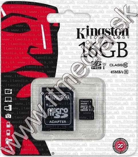 Kingston microSD-HC card 16GB UHS-I U1 Class10 + adapter (45/10 MBps) (IT8372) Image of Kingston microSD-HC card 16GB UHS-I U1 Class10 + adapter (45/10 MBps) (IT8372)