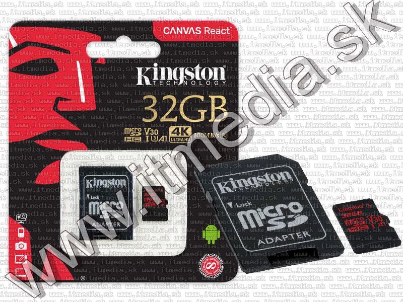 Image of Kingston microSD-HC card 32GB UHS-I U1 Class10 + adapter (100/70 MBps) Canvas React (IT13531)