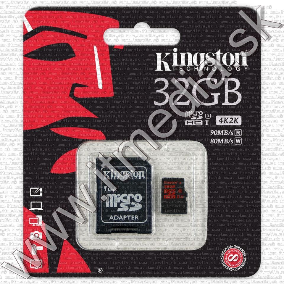 Image of Kingston microSD-HC kártya 32GB UHS-I U3 Class10 SDCA3/32GB + adapter (90/80 MBps) (IT11455)