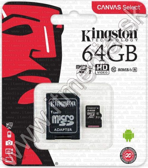 Image of Kingston microSD-XC card 64GB UHS-I U1 Class10 + adapter (80/10 MBps) Canvas Select (IT13502)