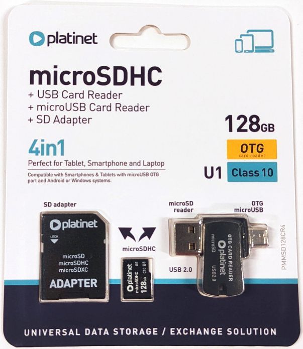 Image of Platinet microSD-XC card 128GB *Class10* 4in1 *OTG* !info (45650) (IT14768)