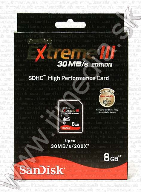 Image of Sandisk SD-HC card 8GB *Extreme III* 30MBps (IT4639)
