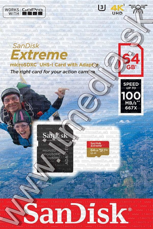 Image of Sandisk microSD-XC card 64GB UHS-I U3 V30 *Extreme GoPro* 100/60 MB/s + adapter (IT13194)