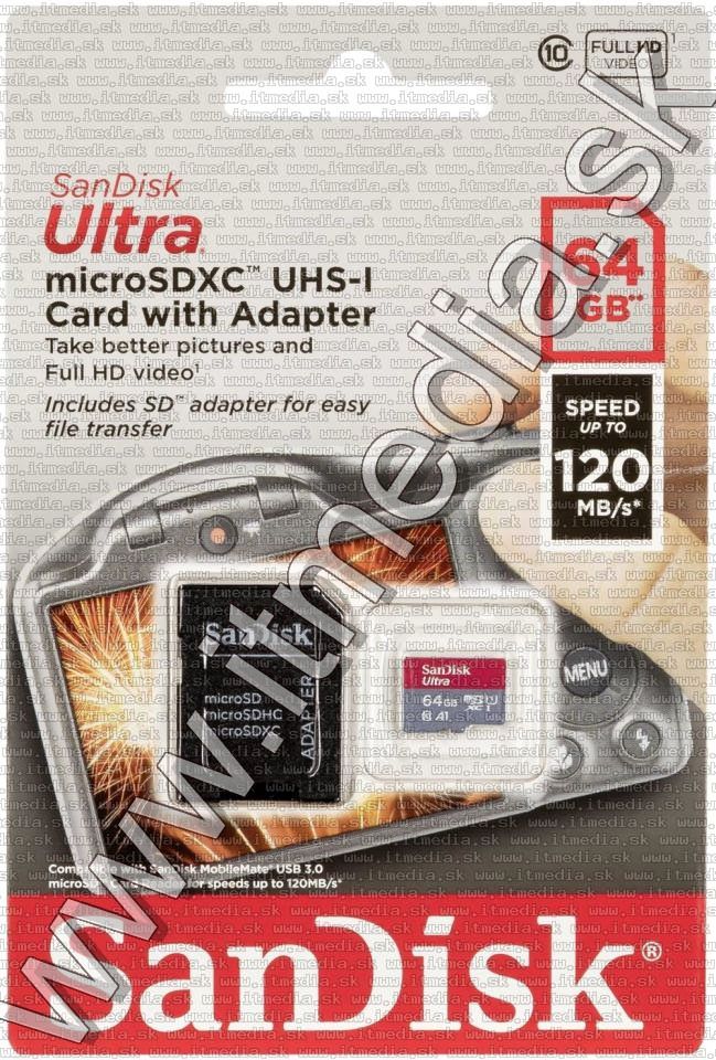 Image of Sandisk microSD-XC kártya 64GB UHS-I U1 A1 *Mobile Ultra* 120MB/s + adapter (IT14696)