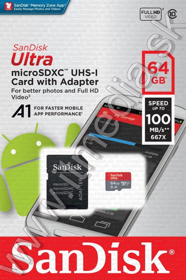 Image of Sandisk microSD-XC kártya 64GB UHS-I U1 A1 *Mobile Ultra Androidhoz* 100MB/s + adapter (IT13408)