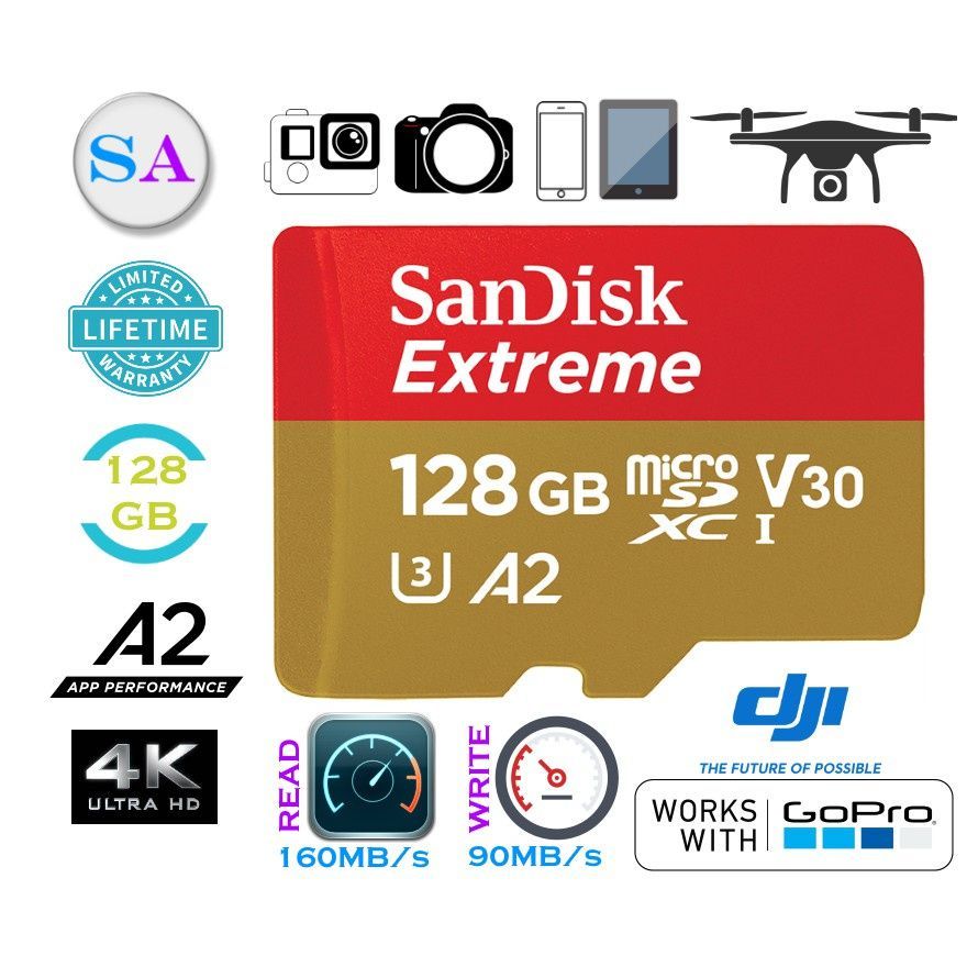 Image of Sandisk Extreme microSD-XC kamera kártya 128GB UHS-I U3 V30 A2 [190R90W] +adapter (IT14624)