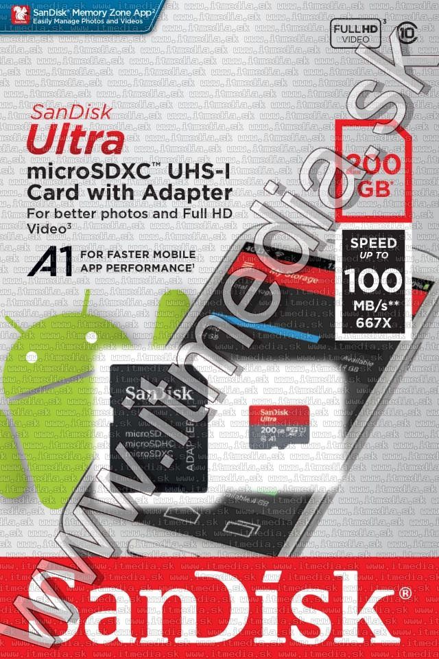 Image of Sandisk microSD-XC kártya 200GB UHS-I U1 A1 *Mobile Ultra* 100MB/s + adapter (IT13353)