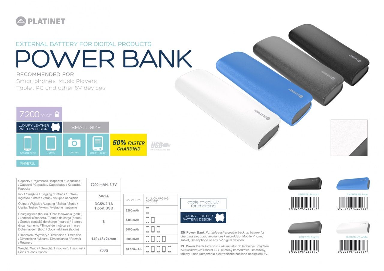 Image of Platinet Powerbank 7200mAh Szürke (43414) Bőr (IT12813)