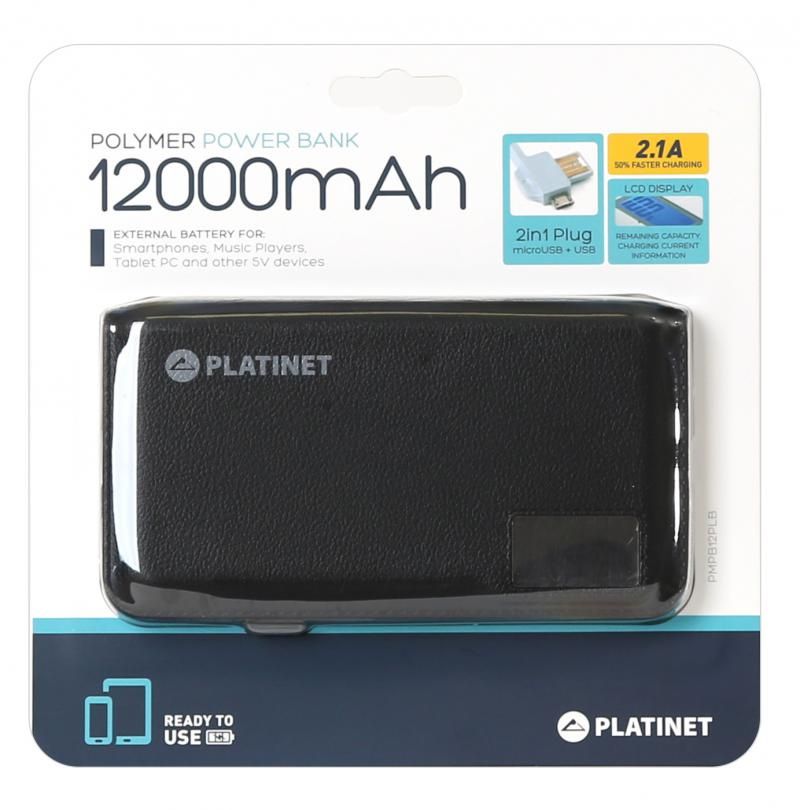 Image of Platinet Powerbank 12000mAh Black +LCD display 2.1A Polymer (IT13833)