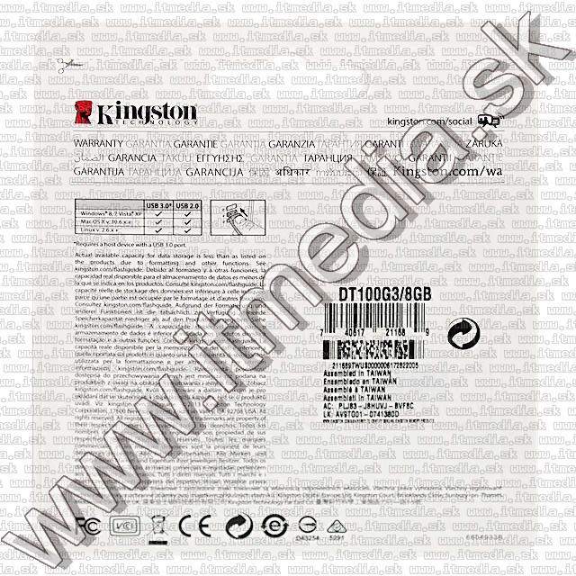 Image of Kingston USB 3.0 pendrive 8GB *DT 100 G3* (IT8864)